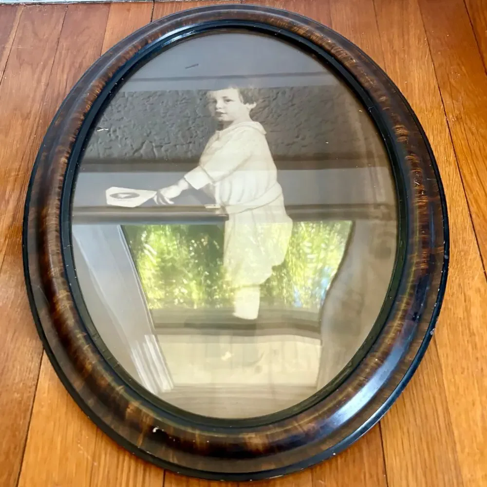 Antique Oval Child Portrait Tiger Oak Frame Sepia Photo 22.5